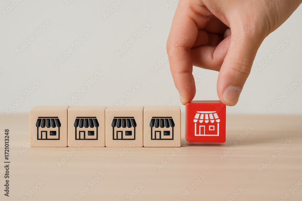 Poster franchise business concept with retail store blocks showing small business growth and selection of u