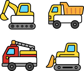 Cartoon construction vehicle name tags set with excavator, dump truck, fire truck, and bulldozer. Cute design with blank space for text. Perfect for kids, school, party, sticker, label, and education
