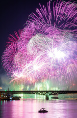 Colorful fireworks over river Danube in Budapest, Hungary