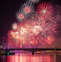 Colorful fireworks over river Danube in Budapest, Hungary