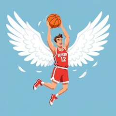 Cartoon basketball player with angel wings soaring with ball