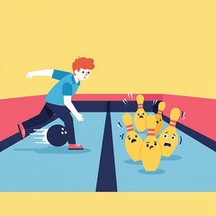 Cartoon bowler with worried expression rolls ball towards scared bowling pins