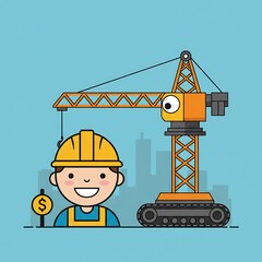 Cartoon construction worker with a yellow hard hat, a tower crane, and a dollar sign in a city setting.
