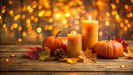 Autumn still life with pumpkins, candles, and leaves on a wooden table