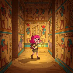 Cartoon Girl Explorer Discovers Ancient Egyptian Hieroglyphics in Tomb