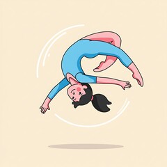 Cartoon girl in blue leotard performing a gymnastic backbend flip