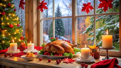 Festive christmas dinner scene with turkey, candles, and a decorated tree