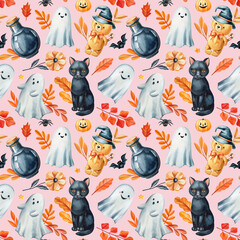 Black cat ghost teddy bear pumpkin and potion bottle watercolor seamless pattern with autumn leaves for design