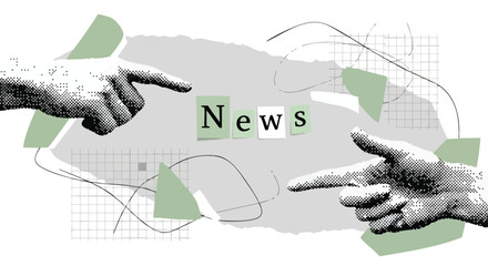 Two hands pointing at the word 'News' amidst abstract shapes and torn paper textures, symbolizing media and information.
