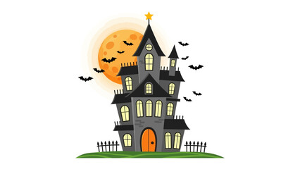 Haunted House with bats and full moon: A spooky haunted house under the full moon. The black bats fly out from the castle during the twilight of Halloween