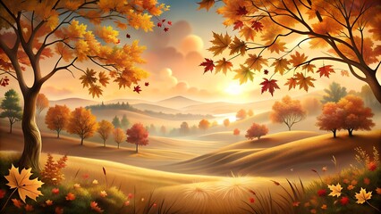 A serene autumn landscape with golden trees and a misty horizon at sunset