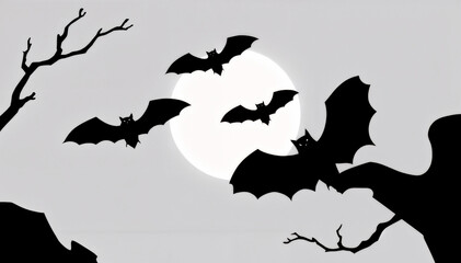 Silhouette of flying bats against a full moon on a light background