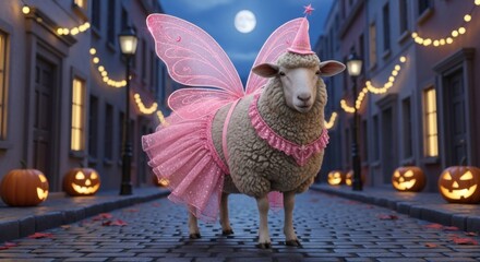 Whimsical sheep dressed as a pink fairy with wings and party hat on a Halloween night street, surrounded by glowing jack-o'-lanterns and charming string lights under a full moon.