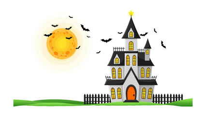 Spooky Mansion with Moonlight: An illustrated scene unfolds, presenting a haunted mansion with ominous bats silhouetted against a brilliant, full moon during halloween season.