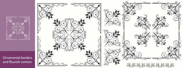 Set of vintage floral corner ornaments. Elegant baroque frame decorations in black vector for invitations, borders, design, and decor art