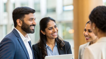 Happy Indian business team talking together in office lobby — sharing ideas and collaboration