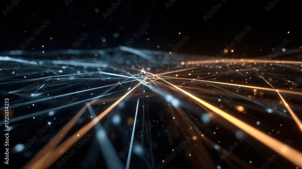 Poster abstract visualization of light rays and particles, depicting a high-tech environment with dynamic e
