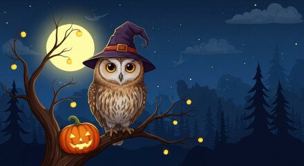 Pixel art illustration of a charming owl wearing a witch hat perched on a tree branch with a jack-o'-lantern, set against a full moon and mystical night forest.