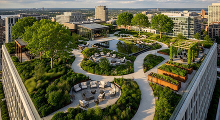 Lush rooftop garden oasis with seating areas and a reflective pool amidst urban buildings Keywords: rooftop garden, urban garden, green space, oasis, nature, plants, trees