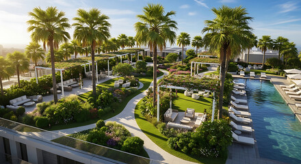 Luxury Rooftop Resort With Palm Trees Swimming Pool And Lounge Seating Amidst Lush Gardens image