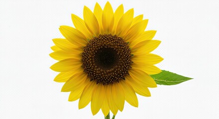 Obraz premium A vibrant yellow sunflower with a dark brown center and a single green leaf, isolated on a clean white background.