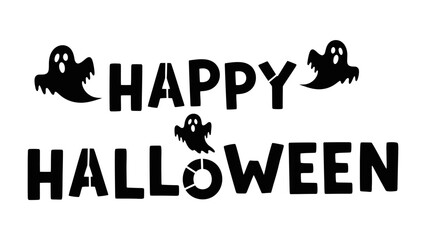 Happy Halloween Greeting: A festive Halloween greeting featuring whimsical ghosts dancing around bold, playful text, perfect for conveying seasonal joy and spooky delight.