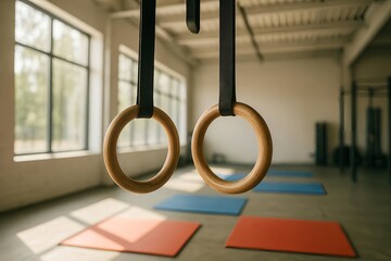 Gymnastic rings with wooden texture hanging from ceiling against fitness studio background with copy space