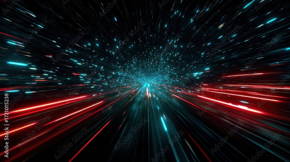 Poster dynamic motion blur creating a futuristic scene with vibrant blue and red light streaks, representin