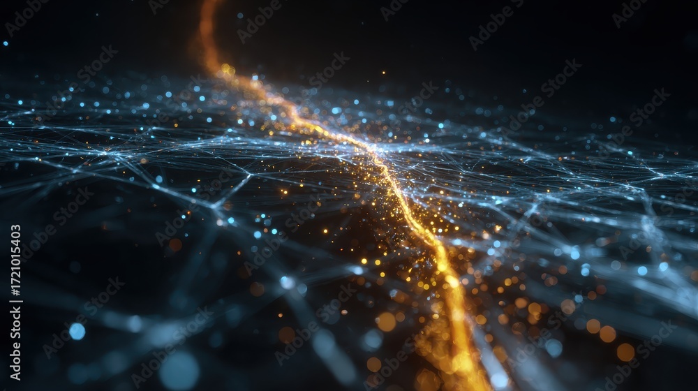 Poster a stunning visual representation of data flow, showcasing intricate lines of light and energy in a d