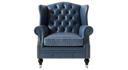 A luxurious deep blue tufted leather wingback armchair with silver nailhead trim and decorative carved wooden legs, isolated on a transparent background