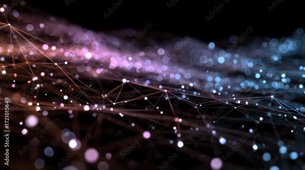 Poster a vibrant abstract depiction of digital connections, showcasing a network of glowing nodes and flowi