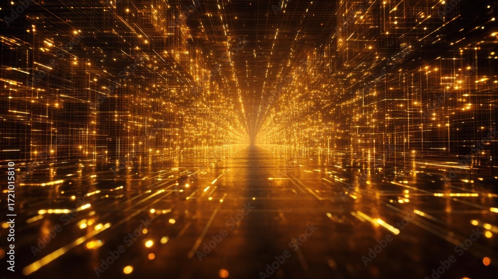 Poster a vibrant abstract representation of golden light beams converging to create a dynamic sense of dept