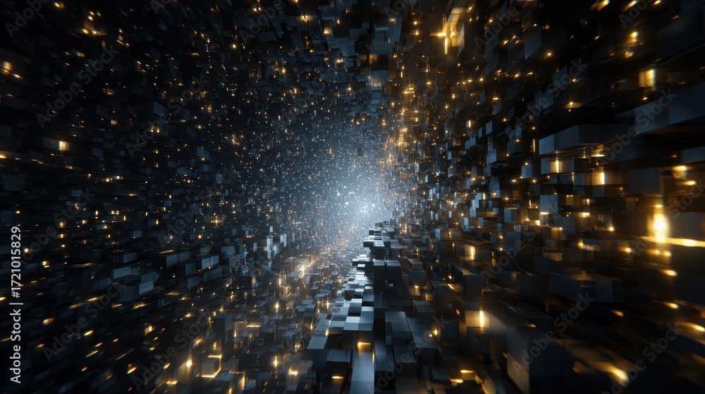 Poster a mesmerizing digital tunnel showcasing vibrant lights and intricate patterns, representing the fusi