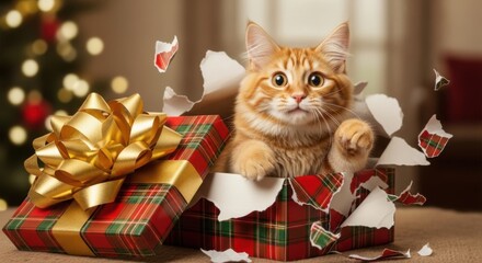 Adorable ginger cat peeking out from a torn red and gold Christmas gift box, surrounded by festive holiday decorations and bokeh lights.