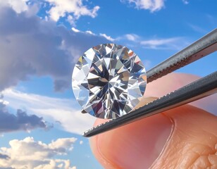 Diamond held by tweezers against sky