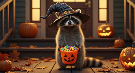 Adorable raccoon wearing a witch hat holding a candy-filled jack-o'-lantern bucket on a Halloween decorated porch with pumpkins and autumn leaves.