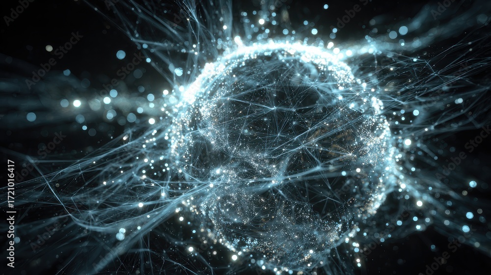 Poster an abstract representation of energy and connectivity in a digital universe, featuring glowing parti
