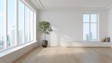 Sunlit minimalist room with panoramic windows. Artificial intelligence image