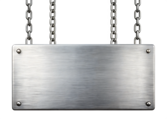 Brushed metal plate hanging from chains isolated on a transparent background silver 3