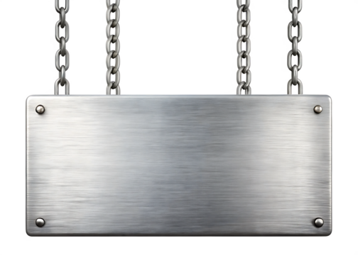 Brushed metal plate hanging from chains isolated on a transparent background silver 3