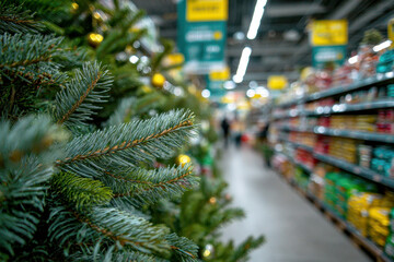 Vibrant and festive supermarket aisle filled with seasonal merchandise and a cheerful winter inspired ambiance creating a welcoming shopping experience.
