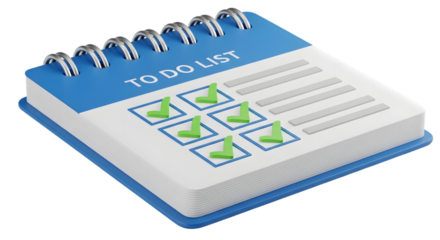 A blue and white spiralbound todo list with several green checkmarks indicating completed tasks, isolated on a transparent background, representing productivity and task management