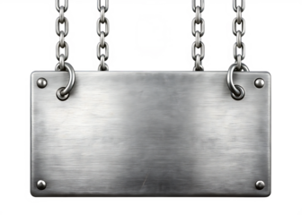 Brushed metal plate hanging from chains isolated on a transparent background silver