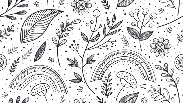 Whimsical botanical pattern with playful rainbows and flowers in a modern line art style, perfect for adding a lighthearted touch to your designs