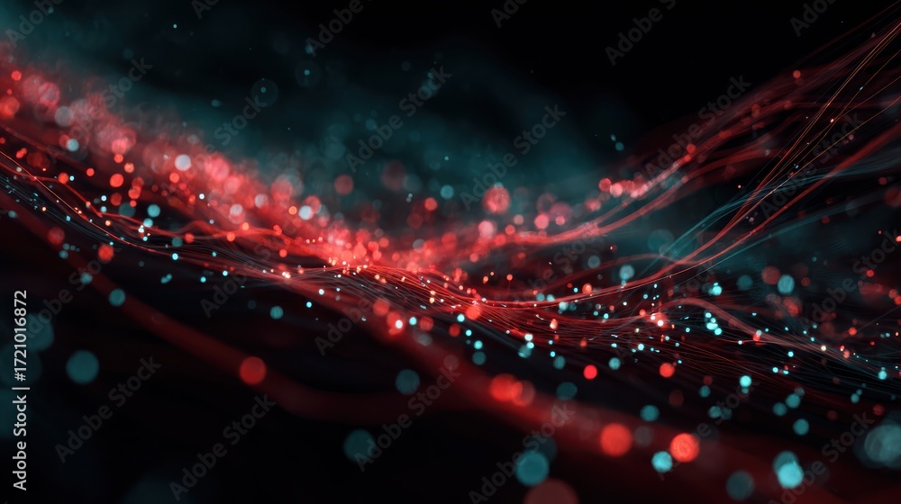 Poster a vibrant abstract image featuring flowing streams of light, representing data transmission and digi