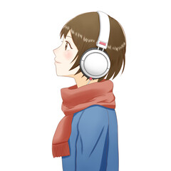 Anime Girl with Headphones and Red Scarf on Transparent Background
