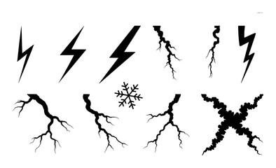 Collection of Black Lightning Bolt and Crack Vector Graphics on White Background