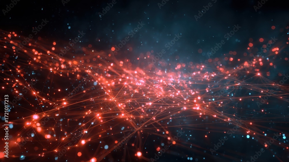 Poster an abstract representation of digital networks filled with glowing red and blue lights, showcasing c