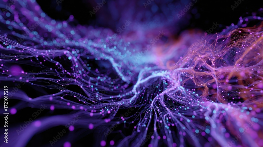 Poster a vibrant representation of digital data flow, showcasing colorful waves and particles in a futurist