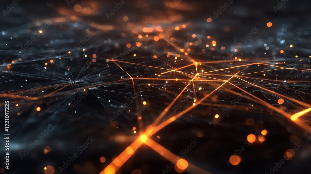 Poster abstract digital network with glowing lines and particles against a dark background, representing in